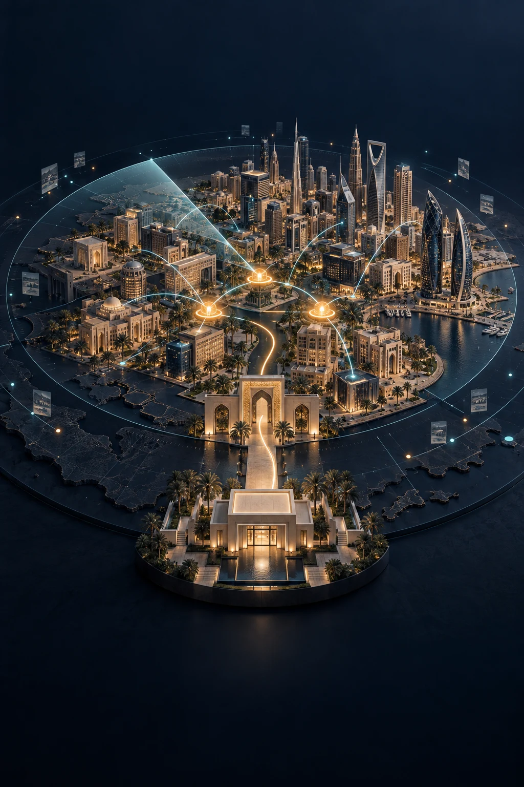 A radar scans a connected business city. Market signals converge into highlighted opportunities and a path toward new business.